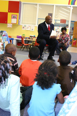 Chancellor Gilchrist joins the Laboratory School for Circle Time