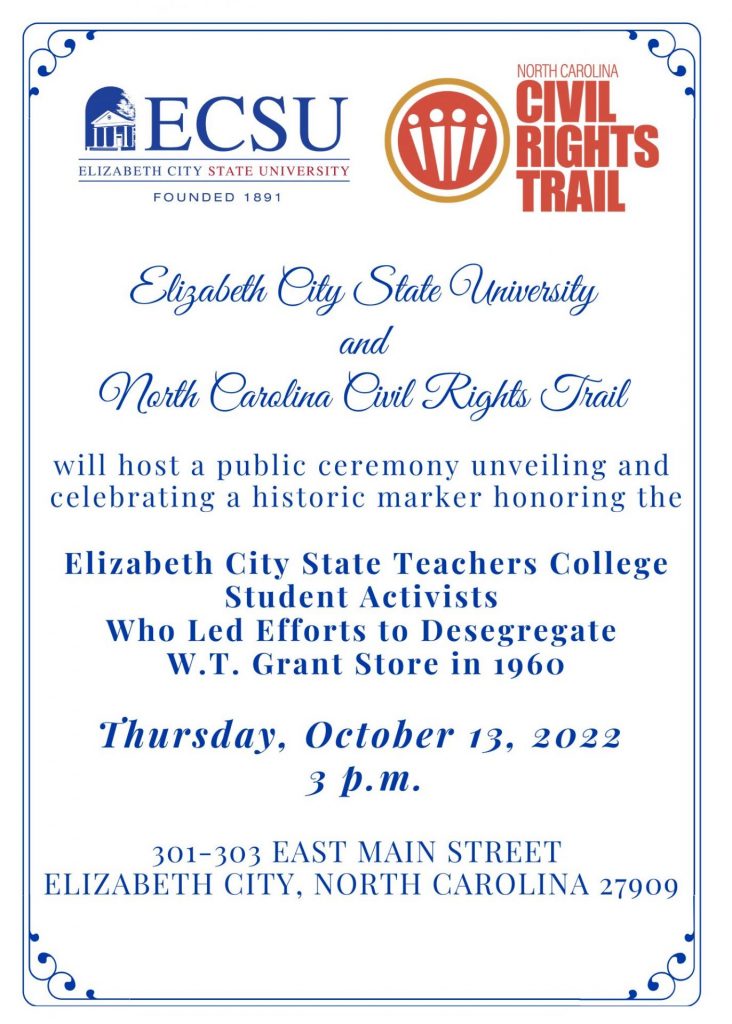 Poster for NC Civil Rights Trail and ECSU Historic Marker Celebration on October 13, 2022